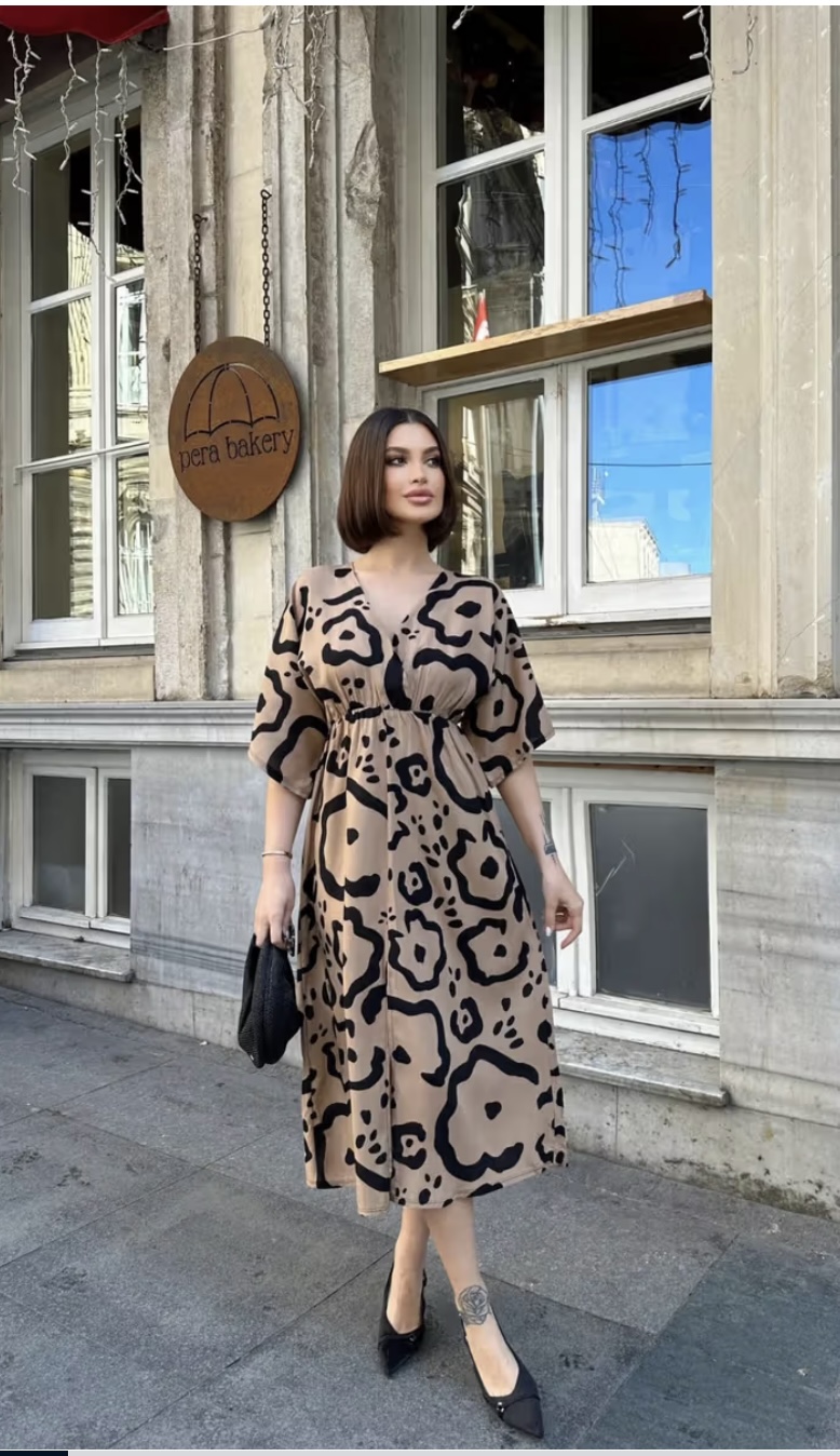 Brown Front Slit Midi Dresses V-Neck Designs