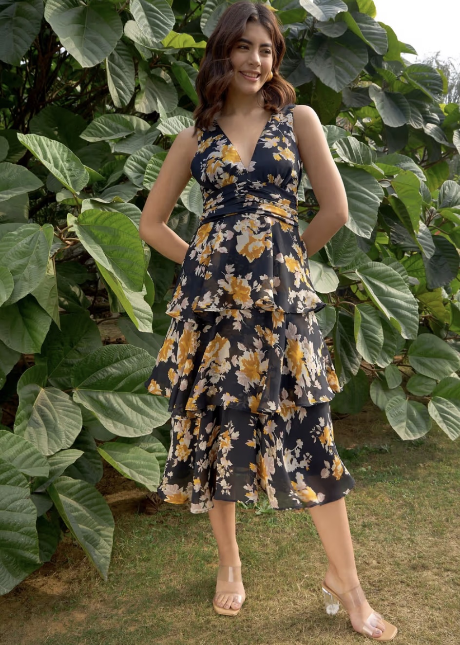 Women Black V-Neck Floral Printed Midi Dress