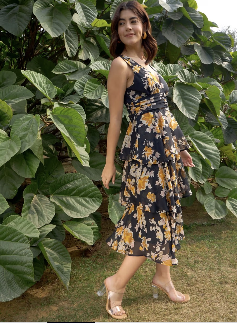 Women Black V-Neck Floral Printed Midi Dress