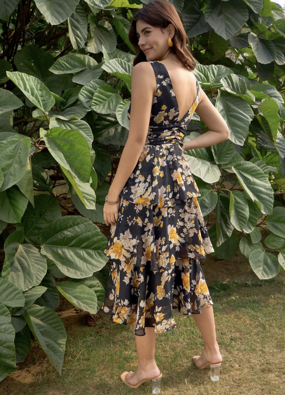 Women Black V-Neck Floral Printed Midi Dress